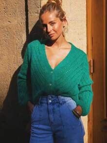 Chaqueta de punto de manga larga de unicolor, suéter, para otoño/invierno - Verde Oscuro - Ver 4