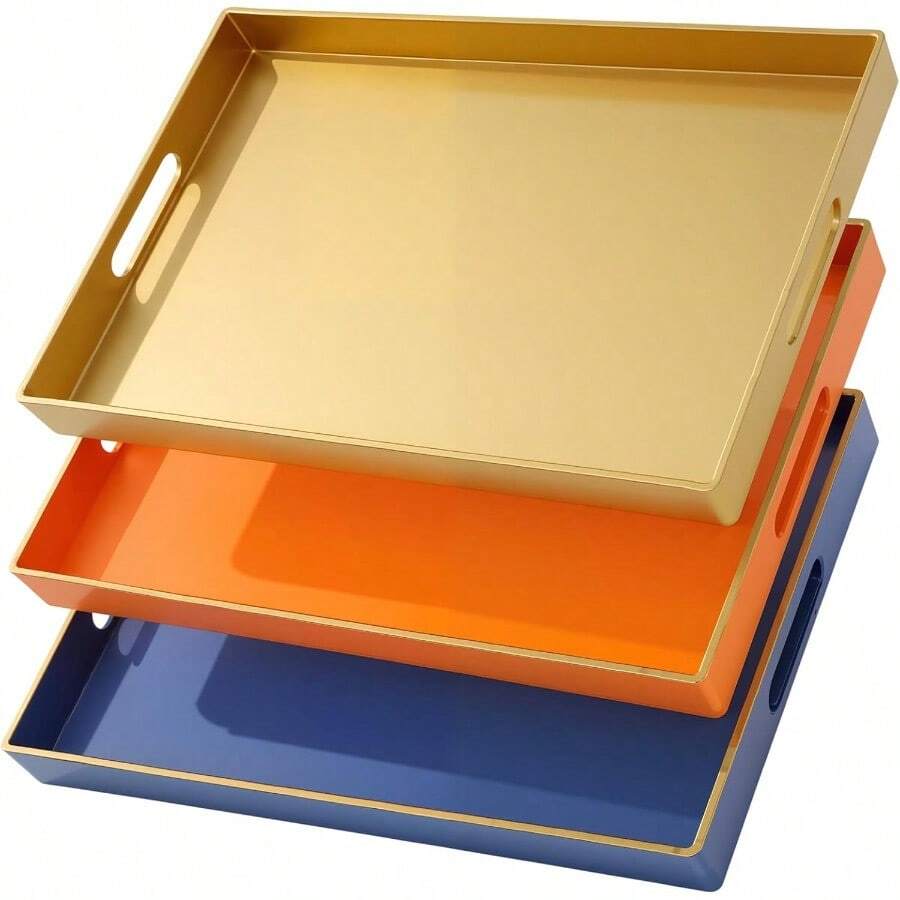 3 Pcs Decorative Serving Trays With Handles 15.75 X 10.24 Rectangular Plastic Coffee Table Tray For Ottoman Living Room Home Decoration In Dark Blue Orange Yellow Stylish And Functional Centerpiece For Everyday Use And Elegant Interior Design - 深藍橙黃 - 查看 1