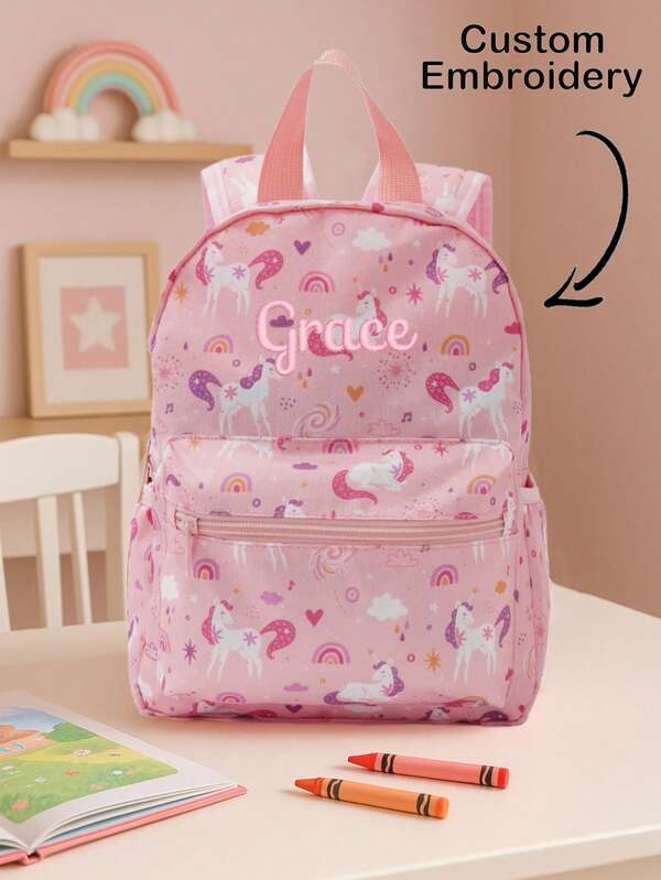 Mochila Leve com Estampa de Unicórnio Personalizada, com Fechamento de Zíper, Alças Ajustáveis e Bolsos Laterais, Bolsa Casual e Elegante para Escola e Dia a Dia para Adolescentes e Crianças, Adequada para Uso Diário, Campus, Viagens de Fim de Semana, Passeios de Lazer, Caminhadas na Cidade e Transporte de Itens Essenciais