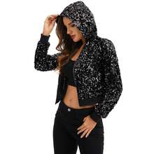 Women's Sequin Zip-Up Hooded Jacket With Ribbed Hem And Long Sleeves For Party Wear - Black - View 4