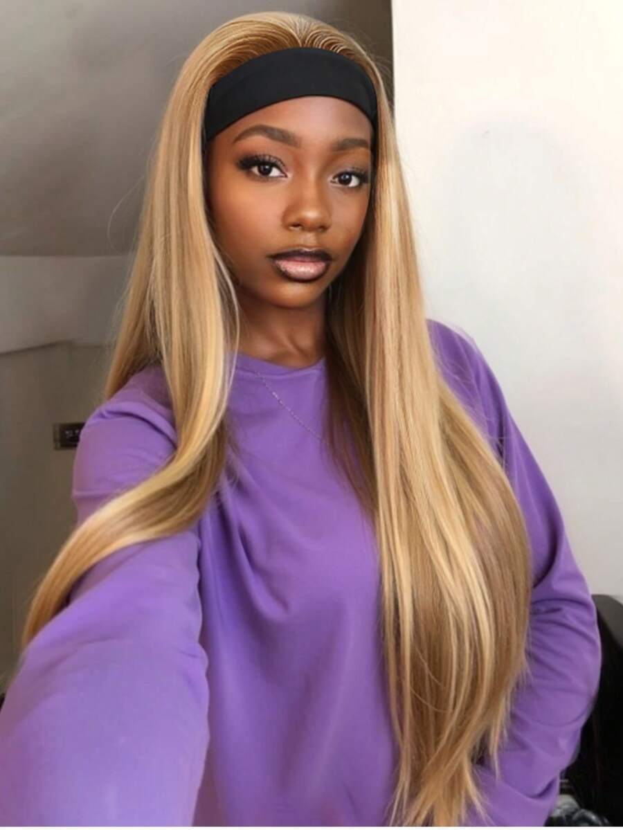 32英寸超长发箍假发，合成直发假发，自然黑色，带发箍，长款耐热纤维直发假发，适合女性日常佩戴和派对装扮 - 挑染金色 - 查看 1