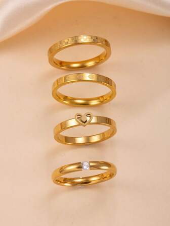 4件套奢华几何圆形水钻心形不锈钢戒指套装，适合日常搭配和送礼。