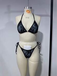 两件套波点印花挂脖系带比基尼套装，适合海滩穿着 - 黑色 - 查看 9