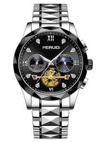 1pc Men's Business Steel Band Triple Eye Chronograph Moon Phase Luminous Fashionable Casual Versatile Quartz Wrist Watch