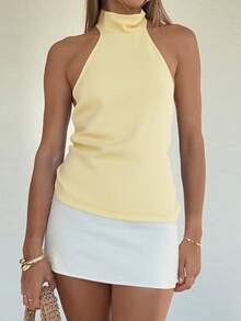 1 Áo cổ yếm xoắn sau lưng bằng vải dệt kim màu trơn, thích hợp mặc đi biển, đi học lại, tiệc tùng, sinh nhật, mọi mùa - Màu vàng - Xem 2