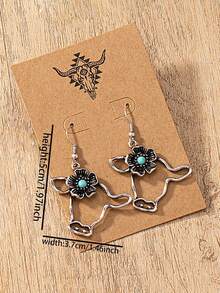 1 Pair South Western Highland Cow Cattle Head Lightening Turquoise Stone Decor Cowboy Cowgirl Style Dangle Earring For Women - Western Wind Bull Head Turquoise Earrings - View 2