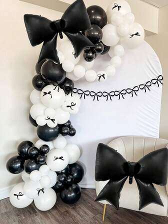 95件套黑白气球蝴蝶结拱门套装，包含黑白乳胶气球、黑色缎带蝴蝶结、黑色纸板蝴蝶结拉旗、黑色铝箔气球，适用于派对装饰、婚礼、新娘送礼会、周年纪念、生日派对、蝴蝶结装饰、情人节、家庭生日派对、拍照装饰、公主主题生日派对装饰、迎婴派对、单身派对装饰、网红户外拍摄装饰
