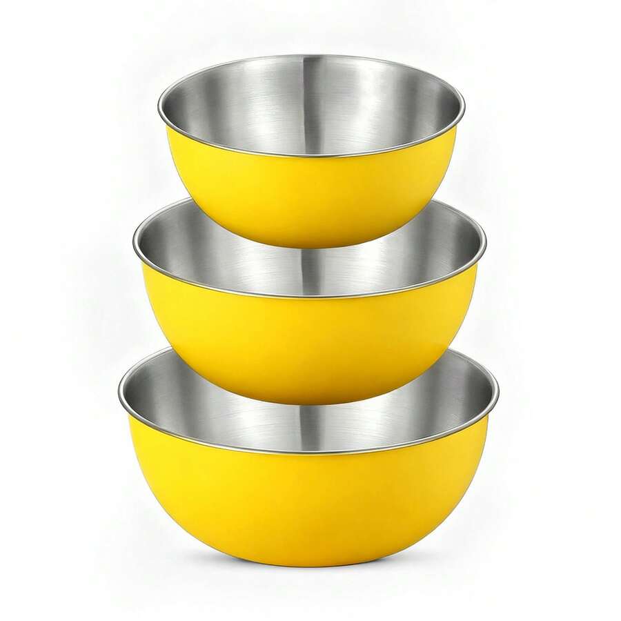 3 Peças Conjunto de Tigelas de Mistura de Aço Inoxidável - Tigelas Encaixáveis para Cozinhar, Assar, Salada e Preparo de Refeições, Empilháveis, Duráveis e Fáceis de Limpar para Uso Diário na Cozinha - Conjunto amarelo de 3 peças - Visão 1