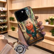 Cubierta de teléfono con diseño de anime para mujer color negro con estampado de chica con bufanda naranja en escena invernal ideal para uso diario y ocasiones casuales Aplicable a los teléfonos de la serie Apple y Galaxy - Negro - Ver 4