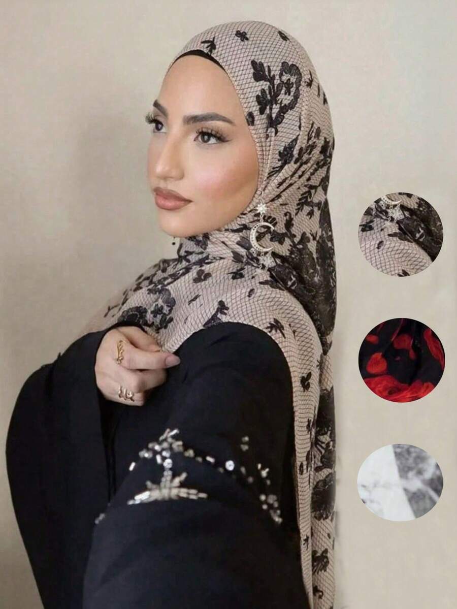1pc Water Print Marble Bohemian Women's Multicolor Print Floral Veil Hijab, Fashion Casual Street Hijab, Suitable For Daily Wear, All Seasons
