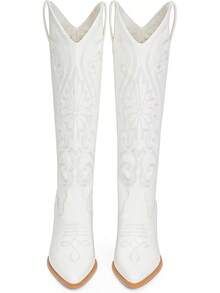 Modatope Cowgirl Boots Women Chunky Heel Knee High Cowboy Boots Embroidery Western Boots For WomenChristmas - A-black - View 4