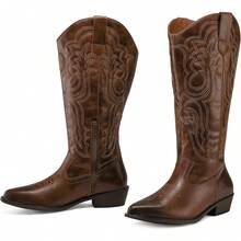 Mysoft Women's Wide Calf Cowboy Boots Pull On Cowgirl Embroidered Mid Calf Pointed Toe Chunky Heel Western BootsChristmas - 紅色 - 查看 7