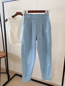 ISADORA MODA Women's Carrot Pants, Twill Fabric, 2 Buttons, With Pockets, Solid Color (Elastic At The Back) - Màu xanh nhạt - Xem 1