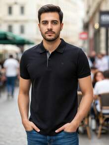 Ogochi Men's Basic Plain Polo Shirt With Logo, No Pocket, Original - 黑色 - 查看 9