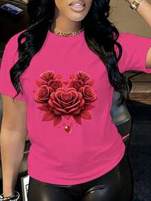 Camiseta femenina casual, camiseta impresa en corazón de rosa de flores femeninas, cuello redondo, manga corta, cómoda y de moda - Rosa Fucsia - Ver 1