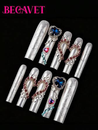 BEGAVET 10pcs Handmade Salon Quality Nail Art Press On Nails Silver Heart Shape Long Square Exclusive Design 3D Nails With 3D Charms, Suitable For Parties/Music Festival And Daily Wear