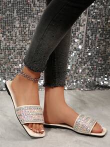 Sandale de plajă cu strasuri, papuci de plajă ușori, stil coreean, de lux, pentru femei, sandale de vară, casual, antiderapante, mărime extra mare, sclipici, la modă pentru interior și exterior - Bej - Vizualizare 3