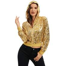 Women's Sequin Zip-Up Hooded Jacket With Ribbed Hem And Long Sleeves For Party Wear - Gold - View 1