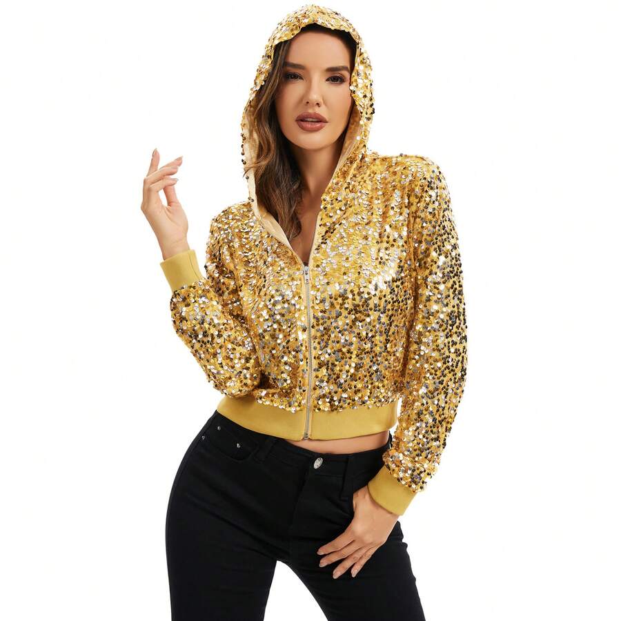 Women's Sequin Zip-Up Hooded Jacket With Ribbed Hem And Long Sleeves For Party Wear - Gold - View 1