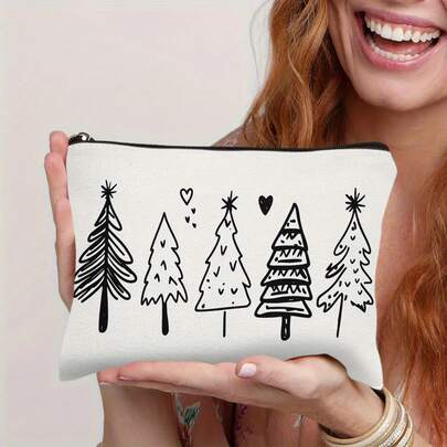 Polyester Cosmetic Bag For Women - Hand-Painted Christmas Tree, Portable Travel Makeup Case, Multifunctional Storage Pouch, Unscented, Friendship And Birthday Gift