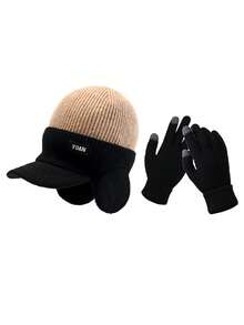 3pcs/Set Knitted Hat, Gloves & Earflap Set, Winter Warm Thermal Lined Windproof Cycling Cap & Gloves Set For Men Winter Clothing