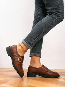 Giày lười nữ, Giày bệt mũi tròn có khóa kim loại, Giày bệt nữ phong cách ngoài trời cổ điển, Giày thường ngày - màu nâu - Xem 3