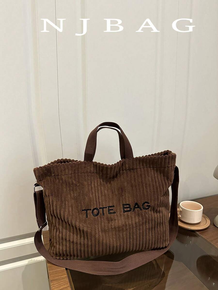 Retro European Style Fashion Corduroy Letter Print Women's Elegant Shoulder Handbag