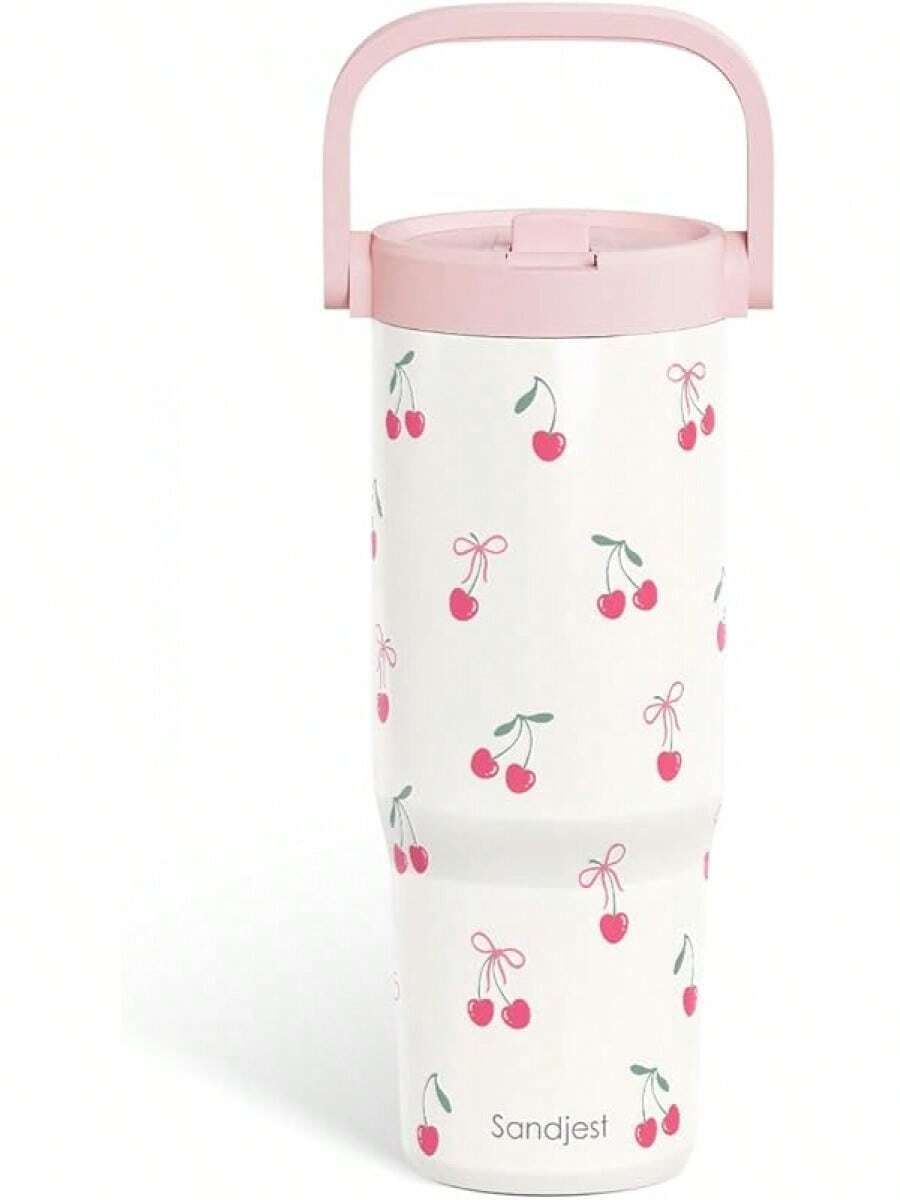 Pink Bow Stainless Steel Straw Lid Tumbler 30oz With Carry Handle For Women Girls, Insulated Travel Coffee Cup, Gift For Sports Outdoor Workout Christmas Birthday - Quả anh đào 2 - Xem 1