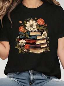 Women's Printed Blouse With Books And Flowers, 100% Cotton Shirt, Casual Spring/Summer T-Shirt With Flowers - 黑色 - 查看 3