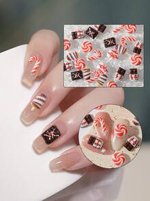 50 piezas/bolsa Decoración de uñas con temática navideña - Pegatinas 3D de bastón de caramelo, piruleta, caja de regalo de chocolate, adornos para manualidades navideñas. Juego de accesorios festivos para uñas para niñas o mujeres - Multicolor - Ver 1