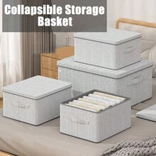 1pc Contemporary Canvas Clothing Storage Box With Lid, Large Capacity, Foldable Wardrobe Organizer, Stacking Snack Bin