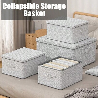 1pc Contemporary Canvas Clothing Storage Box With Lid, Large Capacity, Foldable Wardrobe Organizer, Stacking Snack Bin