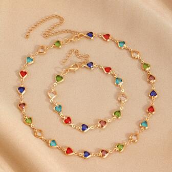 1件/2件装彩色心形串珠手链项链，优雅复古风格串珠首饰，适合日常佩戴、派对和节日，四季皆宜。