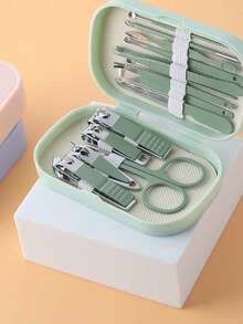 绿色14件套美甲套装不锈钢修脚套装男女指甲钳8件合1专业护理工具防溅指甲套装包括便携式脚趾甲剪、眉毛、挖耳勺，带黑色、蓝色、绿色、粉色收纳盒 - 淺粉色 - 查看 13