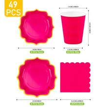 Rose Red & Gold Edged Petal Shaped Disposable Plate, Napkin & Cup Set, Serves 8 Guests, Suitable For Birthday, Wedding, Party, Family Picnic - Multicolor - View 2