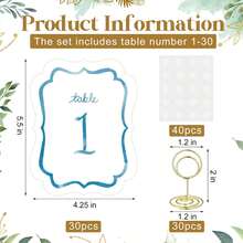 30 Set Scalloped Wedding Table Number Cards 1-30 Watercolor Blue Table Numbers Double Sided With Gold Holders For Wedding Reception Anniversary Party Event - 1 - 查看 2