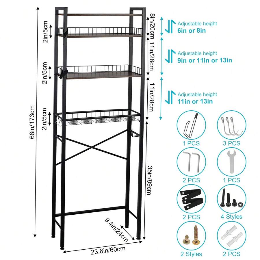 The Toilet Storage Rack,4-Tier Over Toilet Bathroom Organizer Shelf Adjustable Bathroom Shelf Over Toilet With Paper Holder And 4 Hooks, Brown - 棕色 - 查看 1