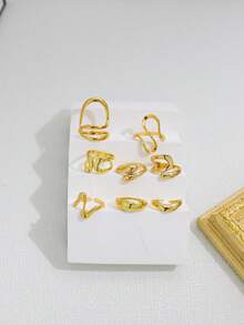 8pcs Vintage Asymmetric Hollow Smooth Ring Set, Women's Fashion Multi-Element Lava Texture Asymmetric Stackable Rings, Party Jewelry Accessories - Yellow Gold - View 5