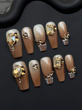 10片/套 手工粘贴式假指甲，芭蕾舞鞋形状，棕色，闪亮钻石装饰，条纹图案，甜美酷炫风格，可拆卸假指甲，美甲用品，适合派对、舞蹈、日常佩戴、学生聚会、角色扮演，按压式可重复使用，附赠果冻胶和指甲锉，DIY美甲用品