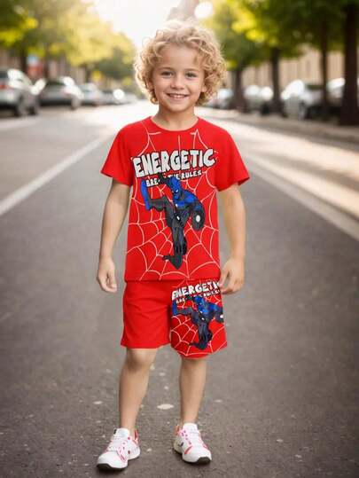 Ensemble 2 pièces pour garçon, t-shirt et short respirants, imprimés toile d'araignée et lettres 3D, tenue à la mode pour garçon, confortable au quotidien et pour les activités de plein air, idéal comme cadeau.
