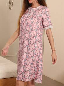 浪漫睡衣，女士优雅法式粉色碎花睡衣，浪漫蕾丝边短袖荷叶边下摆柔软涤纶混纺睡裙，适合春夏季，Moo Moo - 粉色 - 查看 5