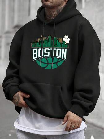 Plusstorlek herrtröja med fleecefoder, tjockt bokstäver- och arkitekturtryck, dragsko och huva, avslappnad, gatufest, höst/vinter