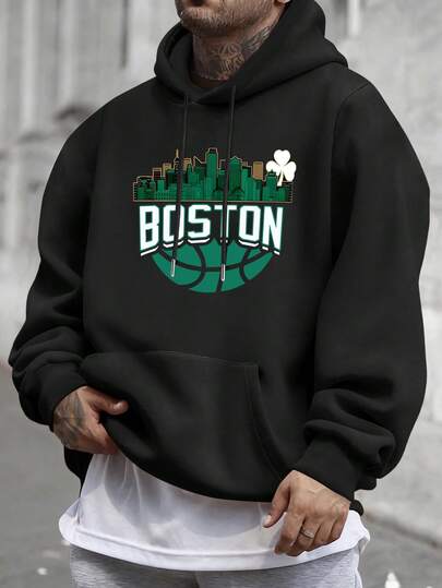 Sudadera casual con capucha con cordón, forro polar grueso, estampado de letras y arquitectura, para hombre de talla grande, para fiesta callejera, otoño/invierno