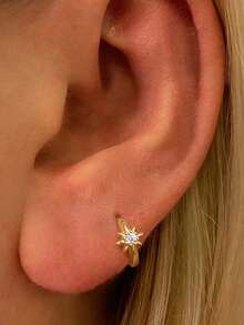 1pc 925 Sterling Silver Classic Asymmetric Octagonal Star Cubic Zirconia Earrings, Suitable For Women's Daily, Party, Engagement And Other Occasions - Gold - View 6