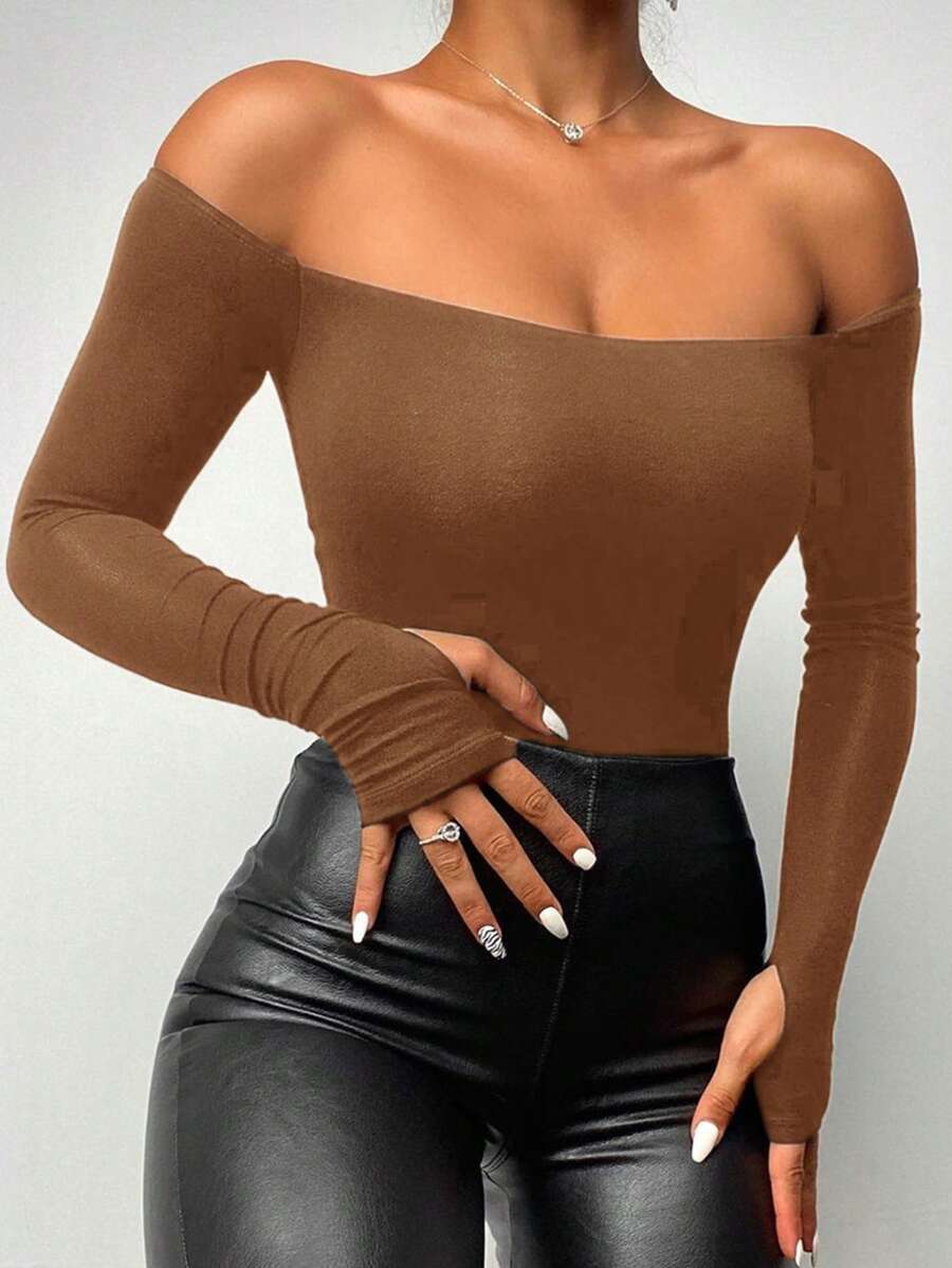 ChicMe Women's Off-Shoulder Long Sleeve Fitted Solid Color Basic Shirt, Casual Daily Wear - Mocha Brown - View 1