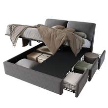 Upholstered Bed, 140 X 200 Cm, Hydraulic Slatted Base, Three Drawers, Storage Box, Slatted Base With Headboard, Without Mattress, Velvet, Grey - Gray + Velvet - View 5