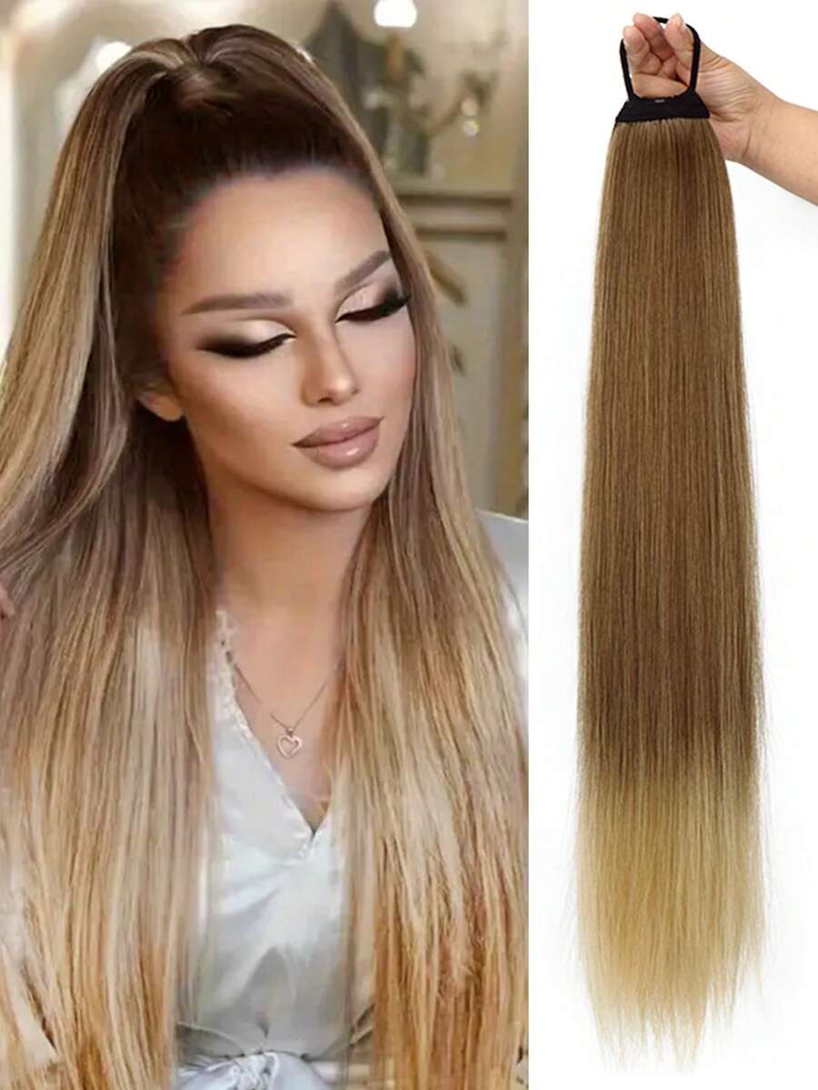 28英寸（约71.1厘米）直马尾假发带，亚麻金棕色直马尾，厚实编织马尾，自然发片，适合女性 - 彩色 - 查看 1