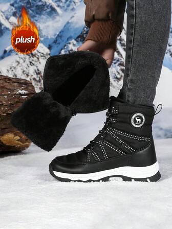 Women's Snow Boots, New Autumn/Winter Plush Lining Warm Boots, Snow Non-Slip Thick Sole Durable Mid-Calf Boots With Lace-Up Design, Tight Insulation, Outdoor Hiking Boots For Below Zero, Leather & Fabric Upper, Solid Color, High-End, Fuzzy, Fashion Versatile High-Top Winter Boots
