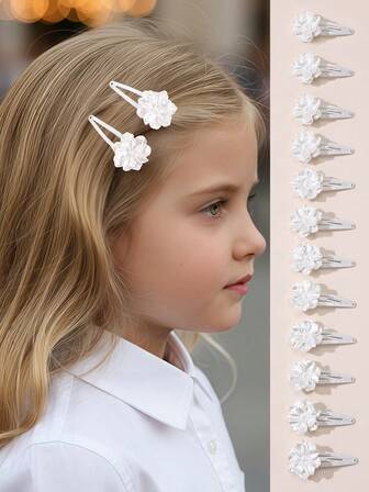 5pcs/10pcs Girls White Flower Hair Clips Set, Suitable For Daily Decoration