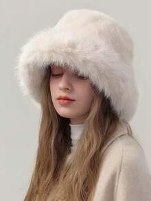 1pc Solid Color Fashionable High-End Fluffy Patchwork Warm Windproof Ear Protection Women's Autumn/Winter Fluffy Bucket Hat Women Winter Clothes - Multicolor - View 6